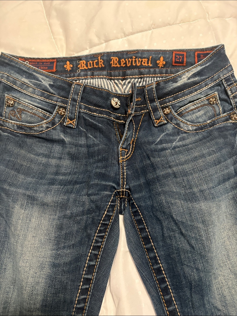 Rock Revival Women's Boot Cut Denim Jeans in Blue with Contrast Stitching
